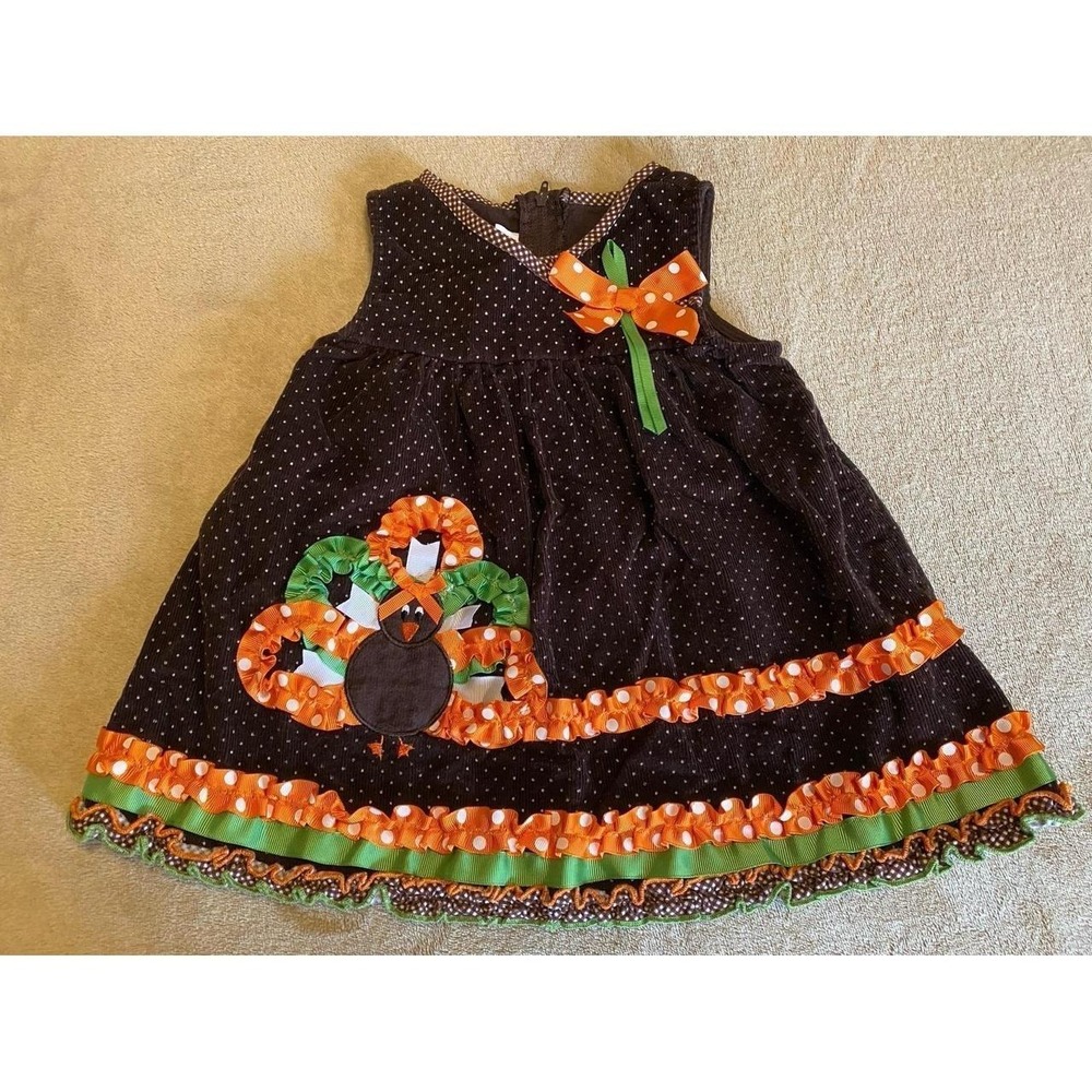 Bonnie Baby Dress Corduroy Turkey Thanksgiving 18 Mo Brown Orange s1